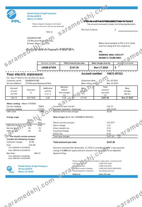 USA Florida Power & Light Company (FPL) electricity business utility bill template in Word and PDF formats